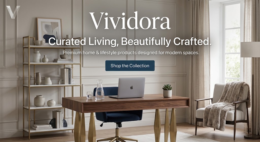 The Vividora home page: a walnut desk and brass shelving in a panelled room, under the line Curated Living, Beautifully Crafted